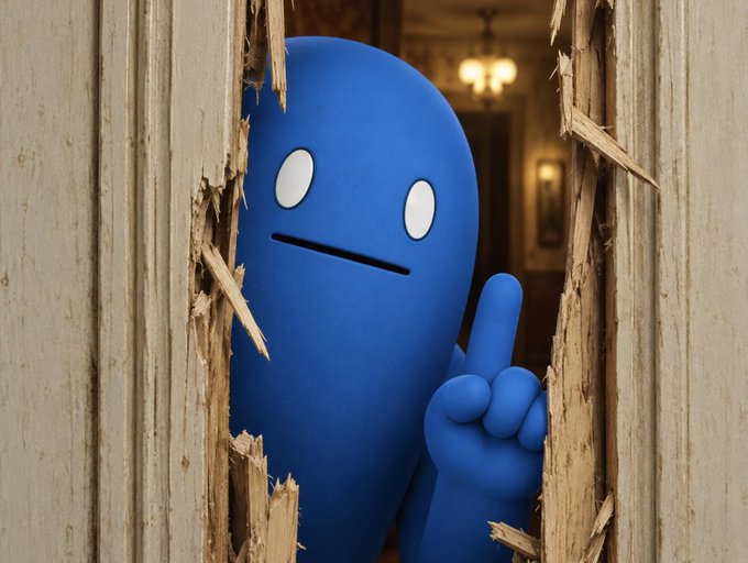 A blue cartoon-style character with simple oval eyes peering through a broken hole in a wooden door or wall, holding up one finger.