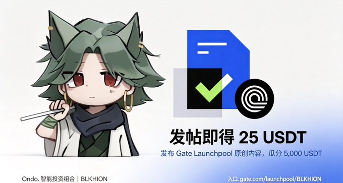An anime character appears next to a Google Docs icon, promoting '25 USDT' for posting Gate Launchpool original content about 'BLKHION'.