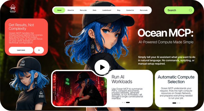A promotional webpage for 'Ocean MCP: AI-Powered Compute Made Simple', featuring an anime-style character with blue hair and a black cap, highlighting features like 'Run AI Workloads' and 'Automatic Compute Selection'.