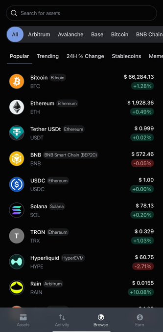 A screenshot of a cryptocurrency "Browse" page on the KriptoKGlobal app displays a list of popular assets including Bitcoin ($66,284.13, +1.28%), Ethereum ($1,928.36, +0.49%), Tether USDt, BNB, and Solana, along with tabs for filtering by network and category. The image illustrates the app's centralized discover page, showing how users can view market trends, prices, and 24-hour changes across multiple tokens in one convenient interface.