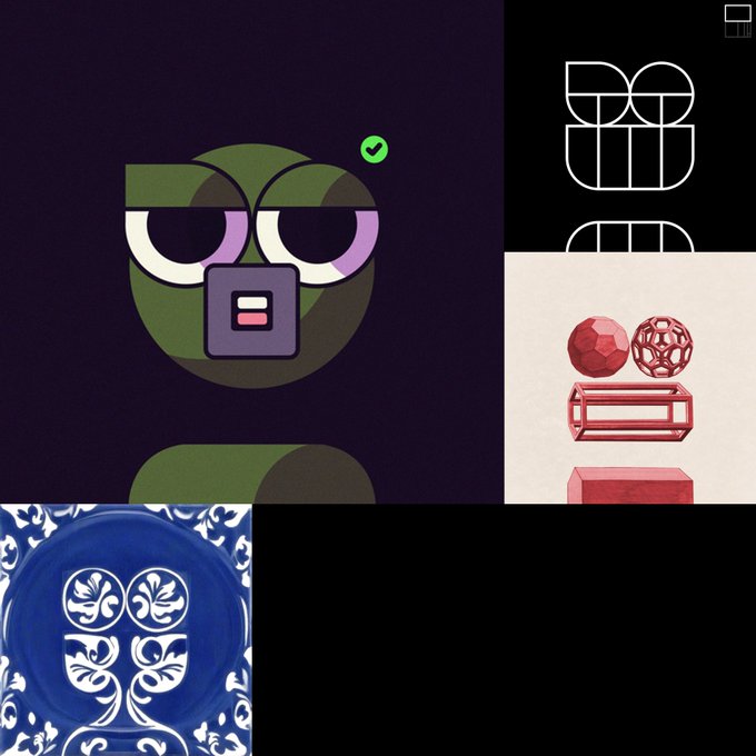 A collage of design references including a cartoon character with large eyes and an equals sign face, geometric shapes, red gemstones, and a blue and white ornate plate pattern.