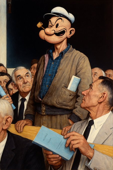 A cartoon character with a sailor's cap, pipe, and large grin towers over a crowd of concerned businessmen in suits holding blue booklets, illustrating the post's message about stubbornly fighting the market instead of following the path of least resistance. The contrast between the confident, grinning character and the anxious men clutching their documents visualizes the futility of resisting the market's natural flow.
