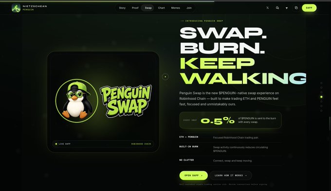 A dark-themed website screenshot for 'NettScrean Penguin' promoting 'PENGUIN SWAP' with the tagline 'SWAP. BURN. KEEP WALKING' and noting a 0.5% fee on ETH+PENGUIN swaps.