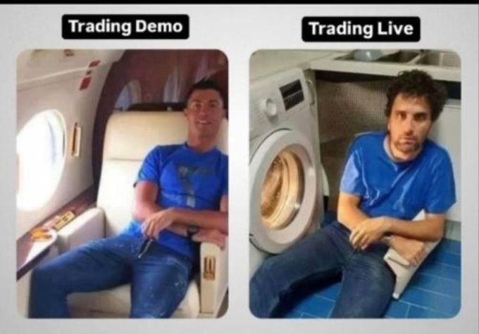 A 'Trading Demo vs Trading Live' meme comparing a relaxed man sitting in a luxurious private jet seat on the left to a stressed man sitting on a washing machine on the right.