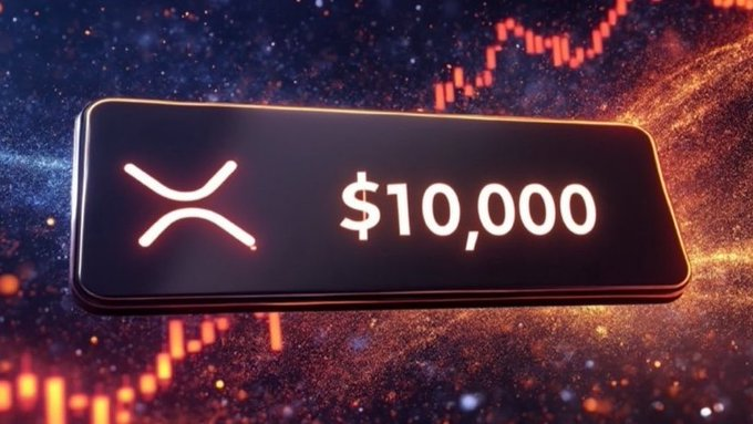 The image displays a glowing XRP logo alongside the value "$10,000" set against a cosmic background with red candlestick charts, visually representing the hypothetical scenario of XRP reaching a $10,000 price point as referenced in the accompanying retirement-focused post.