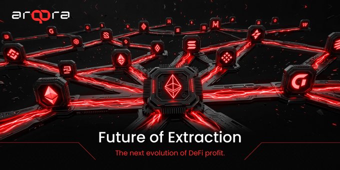 A sleek promotional graphic for ARQORA featuring a futuristic network of interconnected nodes with the Ethereum logo prominently displayed in the center, alongside other blockchain icons, with the tagline "Future of Extraction - The next evolution of DeFi profit."
