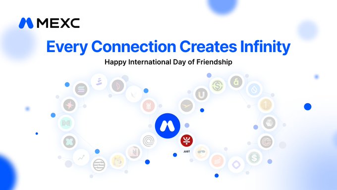 A promotional graphic for MEXC exchange with the text 'Every Connection Creates Infinity' and 'Happy International Day of Friendship', featuring an infinity symbol made of connected cryptocurrency icons.