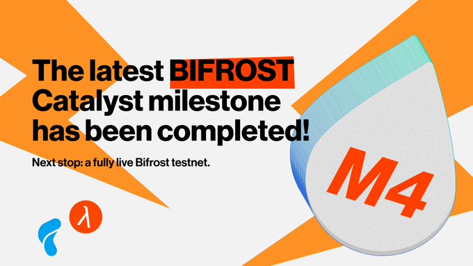 A promotional graphic announcing the completion of the latest BIFROST Catalyst milestone, with text reading 'Next stop: a fully live Bifrost testnet.' and a large M4 logo.