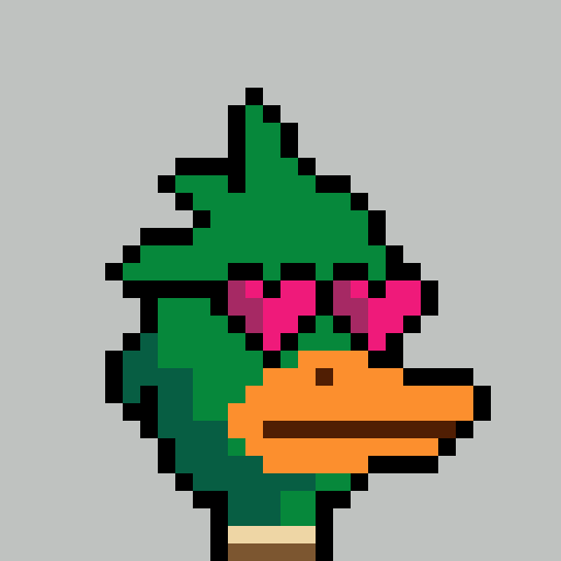Pixel art illustration of a green duck character with a pink bow, facing right.