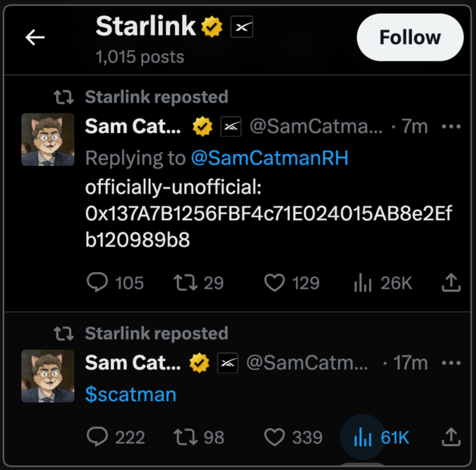 A screenshot of the Starlink Twitter/X account showing reposted tweets from Sam Catman (@SamCatmanRH), with the latest tweet containing a hexadecimal string '0x137A7B1256FBF4c71E024015AB8e2Efb120989b8' and ticker $scatman.