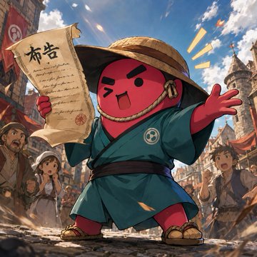 An anime-style illustration of a red emoji-like character dressed as a Japanese town crier, holding a scroll with Asian characters in a village setting.