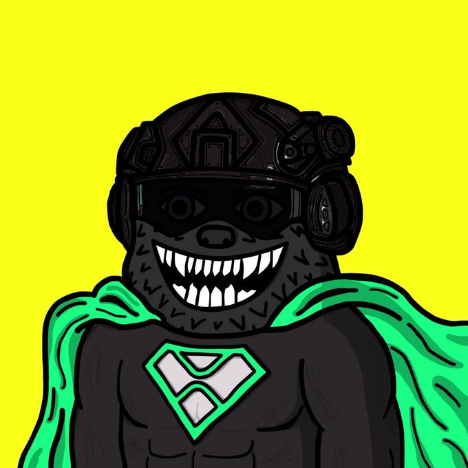 An illustrated character with a glowing green cape, a toothy grin, and a futuristic black helmet stands against a bright yellow background.
