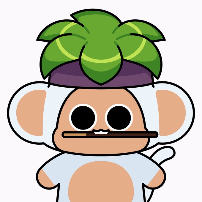 A cute cartoon character with large round eyes wearing a white mouse costume with a purple and green leafy hat, holding a stick in its mouth against a white background.