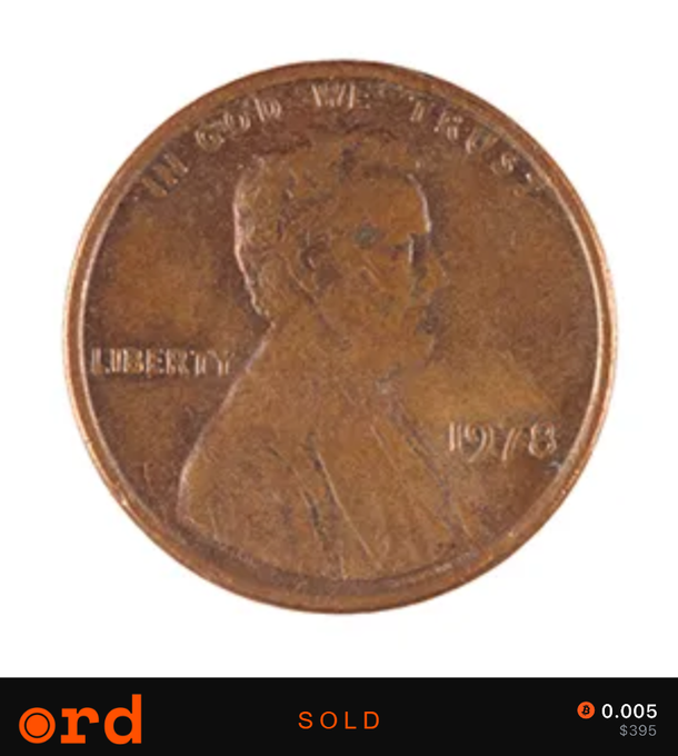 A 1978 U.S. Lincoln penny showing the obverse with 'IN GOD WE TRUST', 'LIBERTY', and the date '1978', listed on Ord with a sold price of $395 and a 0.005 fee.