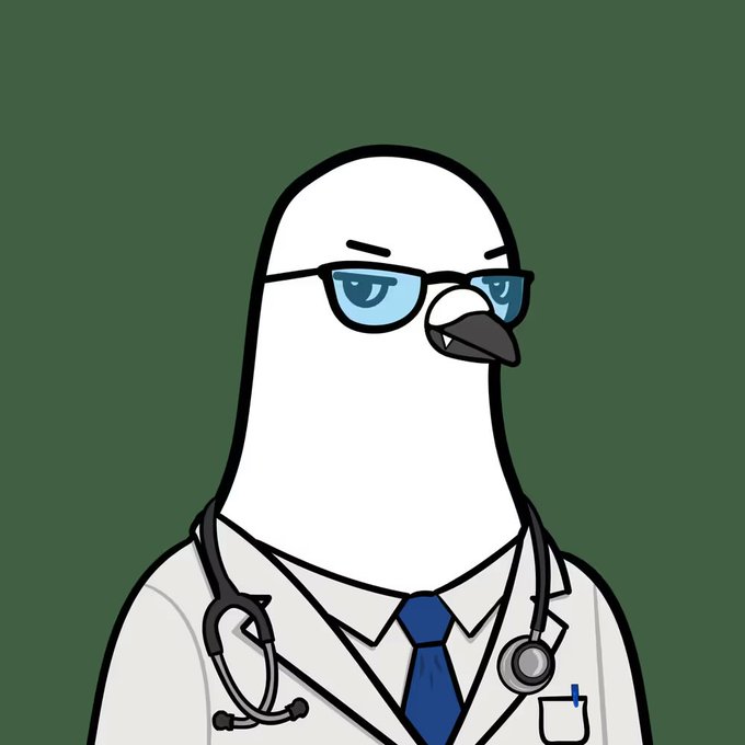 A cartoon illustration of a white seagull wearing glasses, a white doctor's coat, blue tie, and stethoscope against a dark green background.
