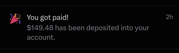 A notification from X shows "You got paid!" with $149.48 deposited into the user's account, supporting their claim of receiving a 5th payday for posting crypto content on the platform.