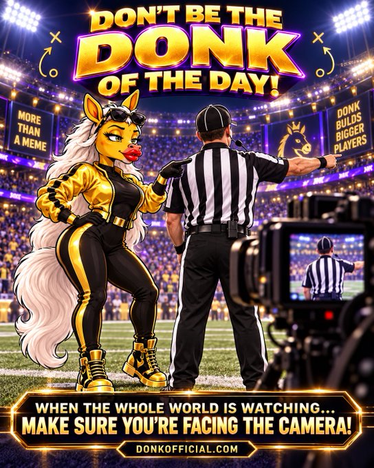 An advertisement graphic reading 'DON'T BE THE DONK OF THE DAY!' featuring a stylized fox character in a yellow and black tracksuit next to a referee, with the tagline 'WHEN THE WHOLE WORLD IS WATCHING... MAKE SURE YOU'RE FACING THE CAMERA!' and URL DONKOFFICIAL.COM.