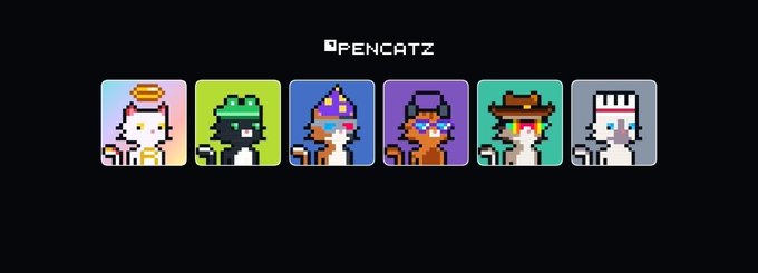 A promotional graphic for 'PENCATZ' NFT collection showing six pixel-art cat characters with different hats and outfits against colorful backgrounds.