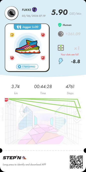 The image shows a phone screen displaying a step count log for someone's running activity. The person has taken at least 3 steps, with a total of 474 steps recorded so far. There are also different settings provided on the app to help track their progress. The phone is positioned in front of a wall and there is a QR code located on top right corner of the device.