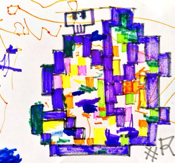 A child's colorful marker drawing on white paper features a blocky, abstract creature-like figure made of overlapping purple, green, yellow, and orange squares and rectangles, with "GM" written in orange at the top left, directly referencing the "Gm" greeting in the post about a "Rockateral" artistic creation made with cheap colored markers.