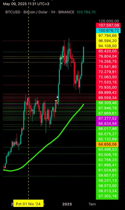 A 1-hour Bitcoin/USD (BTCUSD) candlestick chart on Binance showing the May 9, 2025 crash with price hovering around $65,656, alongside a curved green trendline and vertical price level markers ranging from $57,302 to $120,000, illustrating how a previously highlighted $58k support level predicted the market downturn.