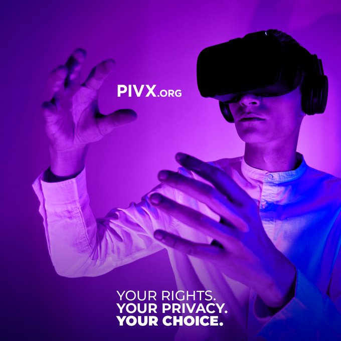 A promotional image for PIVX.org shows a person wearing a VR headset and headphones, reaching out with both hands against a purple-lit background. Text reads 'PIVX.ORG' and 'YOUR RIGHTS. YOUR PRIVACY. YOUR CHOICE.'