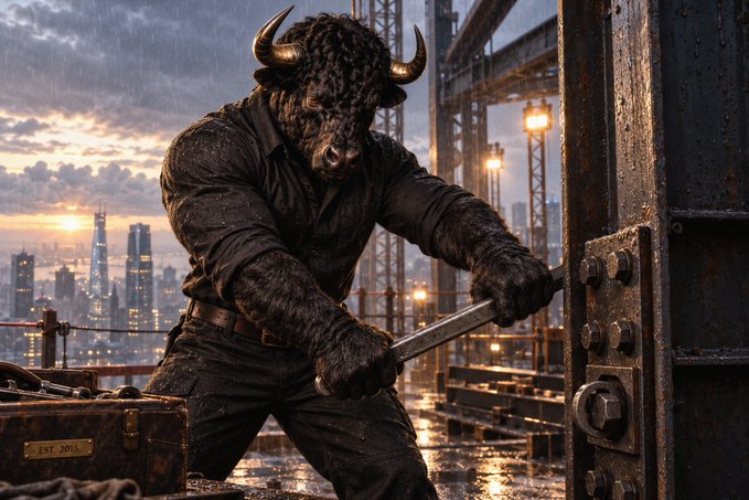 A muscular, anthropomorphic black bull wearing a black button-up shirt and pants wields a metal tool to tighten bolts on a steel structure against a rainy city sunset skyline, with a briefcase labeled 'EST 2015'.