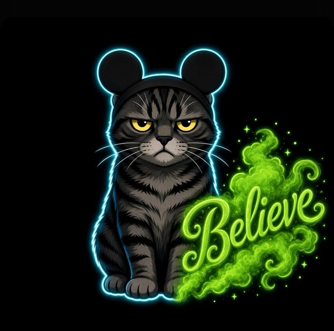 A digital illustration depicts a tabby cat wearing Mickey Mouse ears outlined in blue neon glow, sitting next to the word 'Believe' rendered in green glowing smoke.