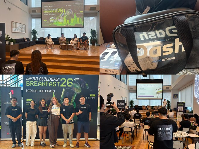 A collage of four photos from the 'WEB3 BUILDERS' BREAKFAST 26' event, showing a panel discussion, a 'Nebular Dash' product, attendees posing by a 'Hiding the Chain' backdrop, and the audience watching a presentation.