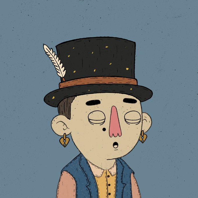 A cartoon illustration of a pale-faced character wearing a black top hat with a feather, sporting a long pink nose, earrings, and a blue vest, with closed eyes.