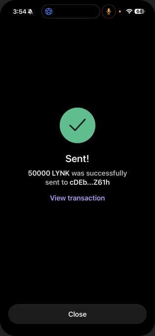 A mobile screenshot displays a successful transaction confirmation reading "Sent! 50000 LYNK was successfully sent to cDEb...Z61h," directly verifying the post's announcement that 50,000 $LYNK tokens were airdropped to founder holders, with the contract address ending in "Epump" matching the one shared.