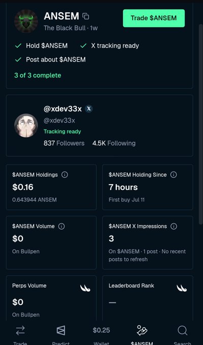 A Bullpen trading app interface for the $ANSEM token ("The Black Bull · 1w") shows 3 of 3 tasks complete, with user @xdev33x having $0.16 in holdings purchased 7 hours ago.