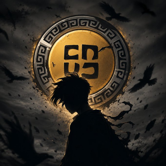 A digital artwork showing a silhouetted figure facing a large golden coin-like emblem with symbols, surrounded by dark crows in a dramatic sky.