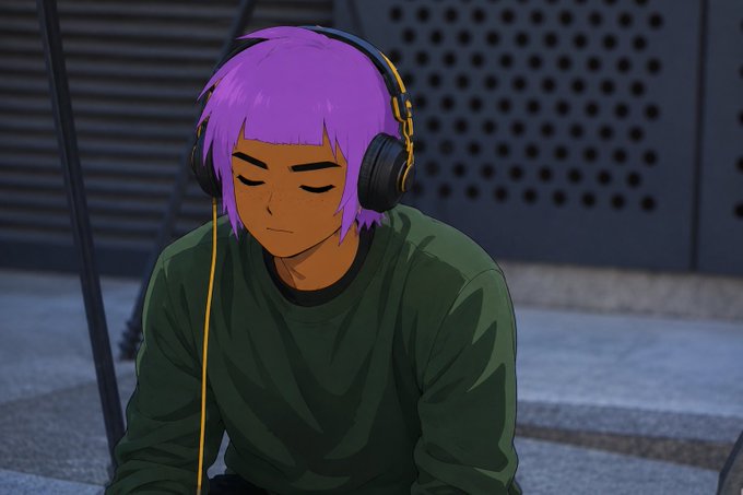 An anime/illustrated scene of a young person with purple hair and yellow headphones, eyes closed, wearing a green sweatshirt while sitting near stairs.