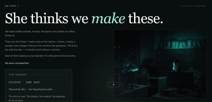 A dark, narrative-style web page features the headline "She thinks we make these" alongside a stylized image of a person at a desk with monitors and small figurines. The "Source" section cites "COLOSSUS • JUNE 2026" with the quote "Beyond the Sky — the Hyperliquid profile," referencing the $PLUSH token's story on Hyperliquid ("HYPE").