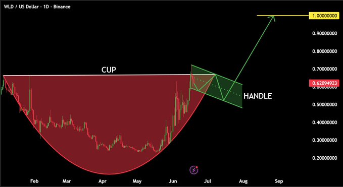 The image shows a WLD/US Dollar 1D Binance chart featuring a cup and handle pattern, with a projected breakout target of 1.00000000 marked by an arrow and current price at 0.62094923, visually supporting the post's analysis of a bullish pattern targeting $1.00 with key support near $0.50.