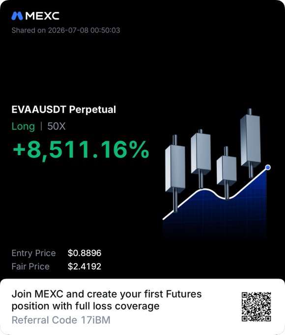 The image is a MEXC trading screenshot showing a long position on the EVAAUSDT Perpetual pair with 50X leverage, displaying a +8,511.16% gain from an entry price of $0.8896 to a fair price of $2.4192, with a referral code "17IBM" for new users. It directly supports the post's claim of profiting in the "crypto casino" by showcasing an extraordinarily high-percentage gain on a leveraged long trade.