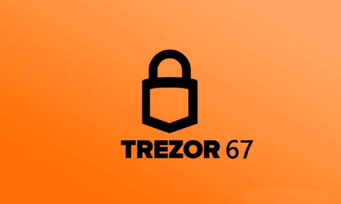 An orange background featuring a black padlock icon above the bold text 'TREZOR 67'.