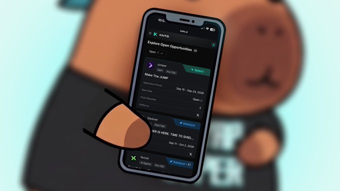 The image shows a cartoon hand holding a smartphone displaying the Kaito "Explore Open Opportunities" page, featuring details for the Jumper project (DeFi) with a Sep 17-Sep 24, 2024 window, alongside a teddy bear in the background. This visual reinforces the post's message about the daily routine of checking X and Kaito Studio for crypto alpha.