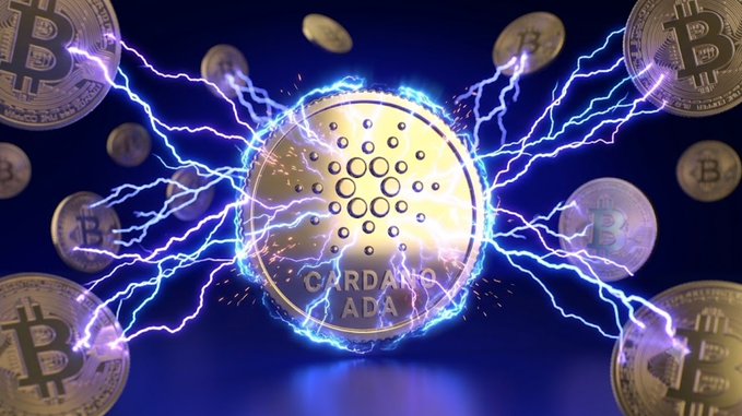 The image features a gold coin that has been rendered in 3D, surrounded by bolts of lightning. The coin is positioned at the center of the frame with the bolts of lightning surrounding it from all directions. The background is dark blue, providing a stark contrast to the golden coin and the bolts of lightning. In the bottom right corner of the image, there's text that reads "Crypto bankruptcy litigator Thomas Braziel ( @Bkclaims ) has spotlighted 1,090 Bitcoin ( $BTC ) tied to the original Cardano ( $ADA ) Foundation in the Isle of Man."