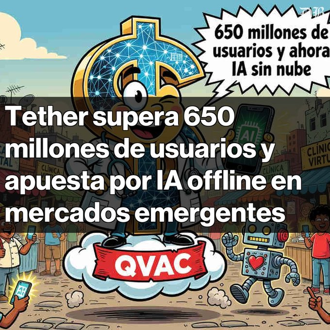 A cartoon illustration shows a large "T" character with a digital globe design, standing on a cloud labeled "QVAC" alongside a small robot, with a speech bubble reading "650 millones de usuarios y ahora IA sin nube." The accompanying post explains that Tether has surpassed 650 million USDT wallets, reported $1.5 billion in operating profit, and launched QVAC—an offline AI solution targeting emerging markets with a focus on privacy—while expanding into healthcare and finance sectors.