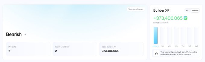 The image displays a Builder XP dashboard for "Bearish" on Abstract Chain, showing 6 projects, 2 team members, and a total of 373,406,065 Builder XP earned. It relates to the post by highlighting the team's significant XP earnings, underscoring the recognition of consistent contributions and motivation for builders on the platform.