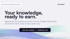 The image features a banner with purple and blue colors that says "Your knowledge, ready to earn." The text below the image reads "AgentSuite turns what you know into an AI Agent that works around the clock. Early access open now".