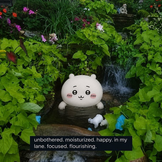 A cute white cartoon character with rosy cheeks sits in a lush garden pond surrounded by greenery and flowers, with the caption reading "unbothered. moisturized. happy. in my lane. focused. flourishing." The image humorously embodies the meme's message about staying committed to memecoin gains rather than getting distracted by market FUD, presenting a picture of zen-like confidence while riding the volatile crypto wave.