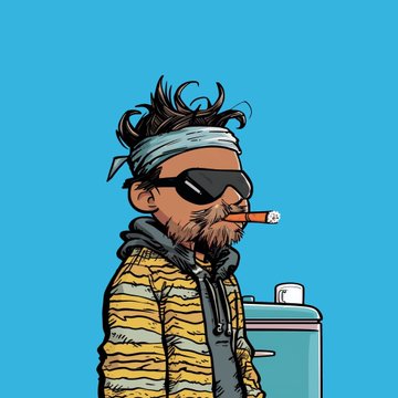 A cartoon illustration of a bearded man with a bandana and sunglasses, smoking a cigar while standing next to a cooler, set against a bright blue background.