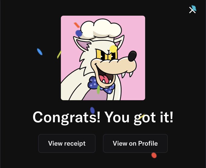 A mobile app notification screen displaying a cartoon white wolf character with the text 'Congrats! You got it!' along with buttons to 'View receipt' and 'View on Profile'.