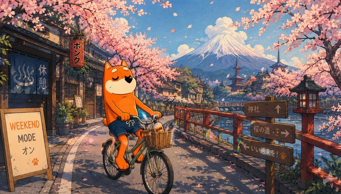 An orange Shiba Inu dog rides a bicycle through a picturesque Japanese street lined with cherry blossoms, with Mount Fuji and a pagoda in the background. Visible signs include "WEEKEND MODE オン" on a sandwich board, a "ボク" sign, and wooden directional signs reading "神社," "桜の道," and "いい週末を!" — perfectly capturing a relaxed weekend vibe that the dog clearly approves of.