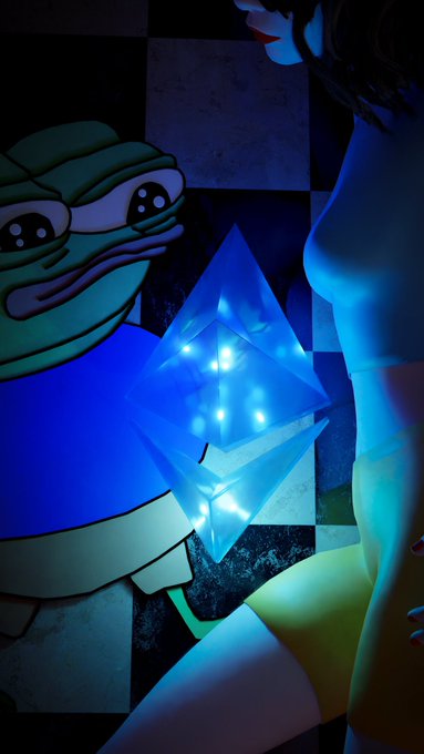 A dark, moody illustration featuring a Pepe the Frog character on the left and a female figure on the right, with a glowing blue Ethereum logo between them.