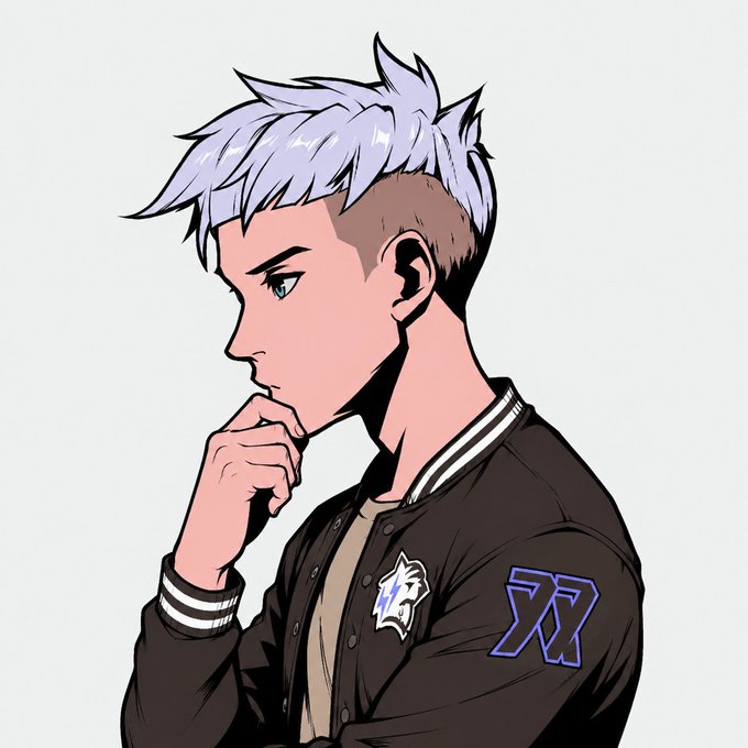 An anime-style illustration of a young man with light purple/white hair in a black bomber jacket with a '77' patch, shown in a thoughtful pose with his hand on his chin.