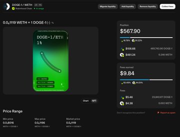 The image shows a cryptocurrency trading interface for the DOGE-1/BTH pair on the DogeOSSwap protocol, displaying a position worth $567.90 with $106.60 in fees, noting DOGE-1 is down -22.74%. This relates to the post as the user celebrates their successful liquidity provision experience, echoing the satisfaction of navigating volatile crypto swaps and earning fees ($106.60) despite market downturns.